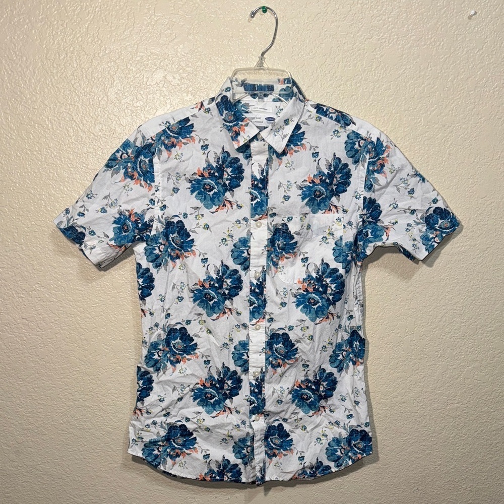 Old Navy Menβs Shirt Size S Blue White Floral Short Sleeve Casual Button-Up